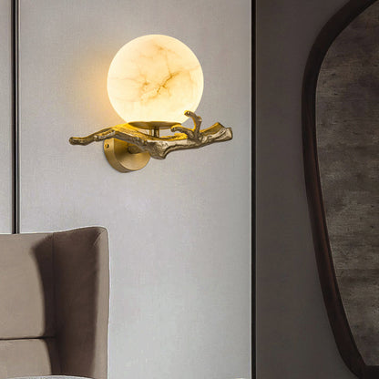 Chinese Orb Twig Copper Marble 1-Light Wall Sconce Lamp