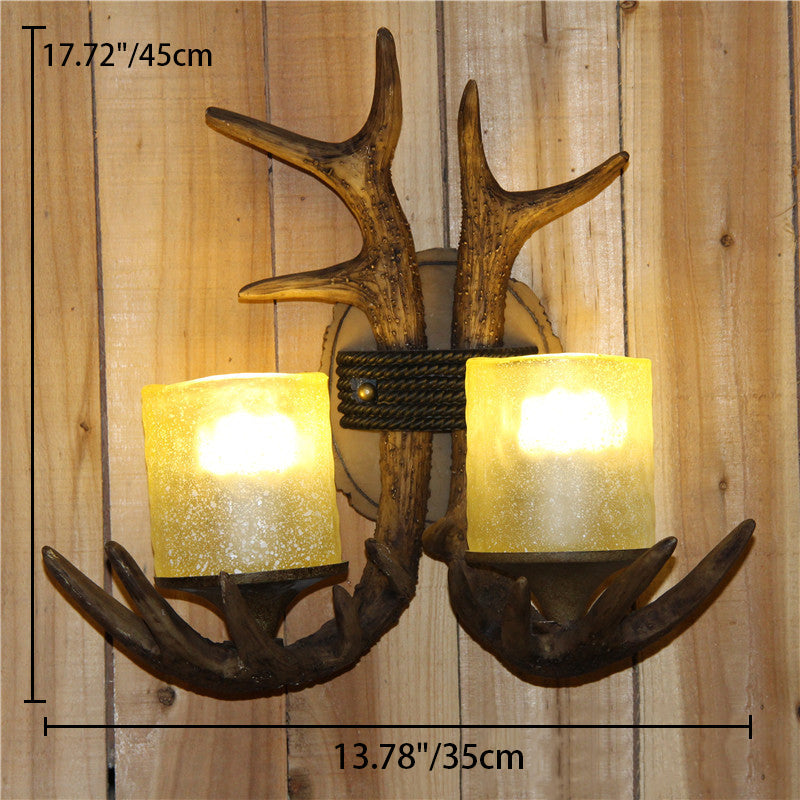 Antler Cylinder Resin Glass 2-Light Wall Sconce Lamp