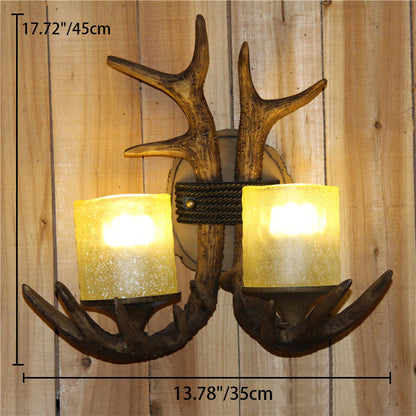 Antler Cylinder Resin Glass 2-Light Wall Sconce Lamp