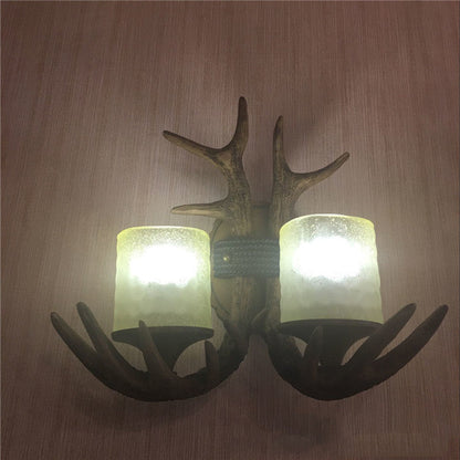 Antler Cylinder Resin Glass 2-Light Wall Sconce Lamp