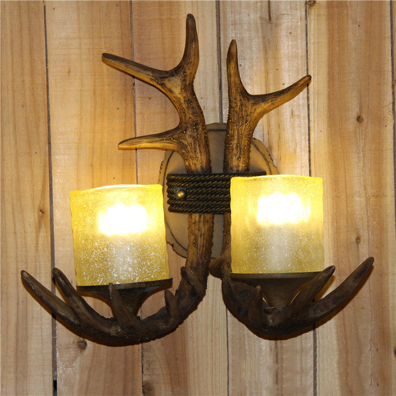 Antler Cylinder Resin Glass 2-Light Wall Sconce Lamp