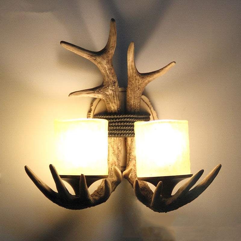 Antler Cylinder Resin Glass 2-Light Wall Sconce Lamp