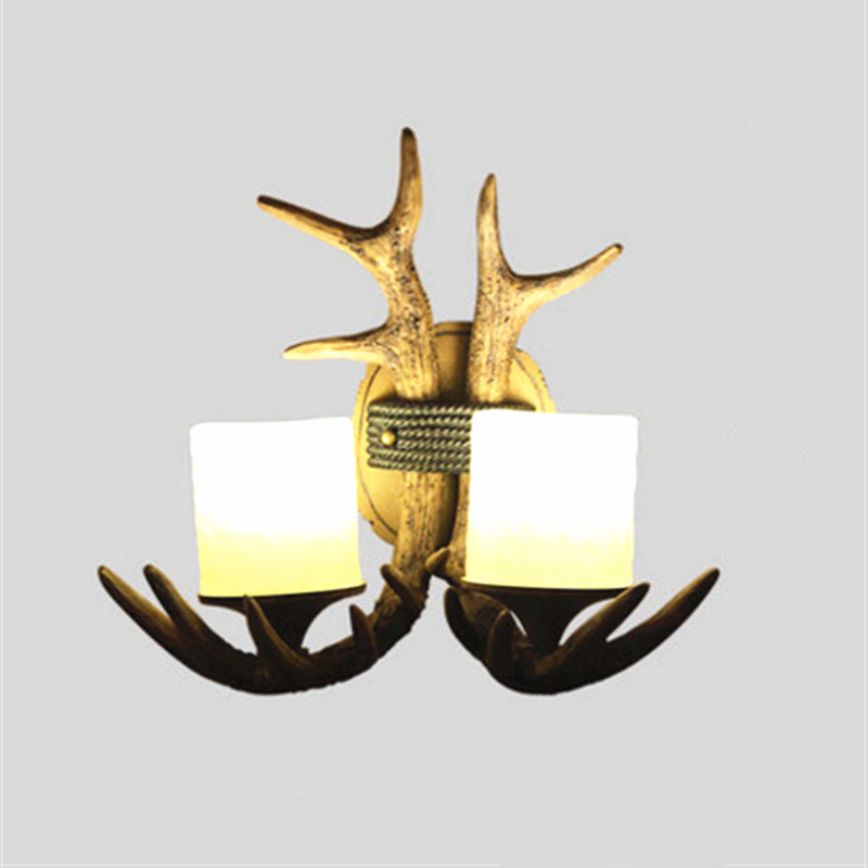 Antler Cylinder Resin Glass 2-Light Wall Sconce Lamp