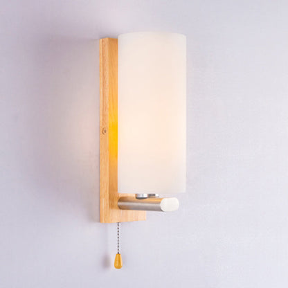 Rectangular Cylinder Wood Glass 1-Light Wall Sconce Lamp