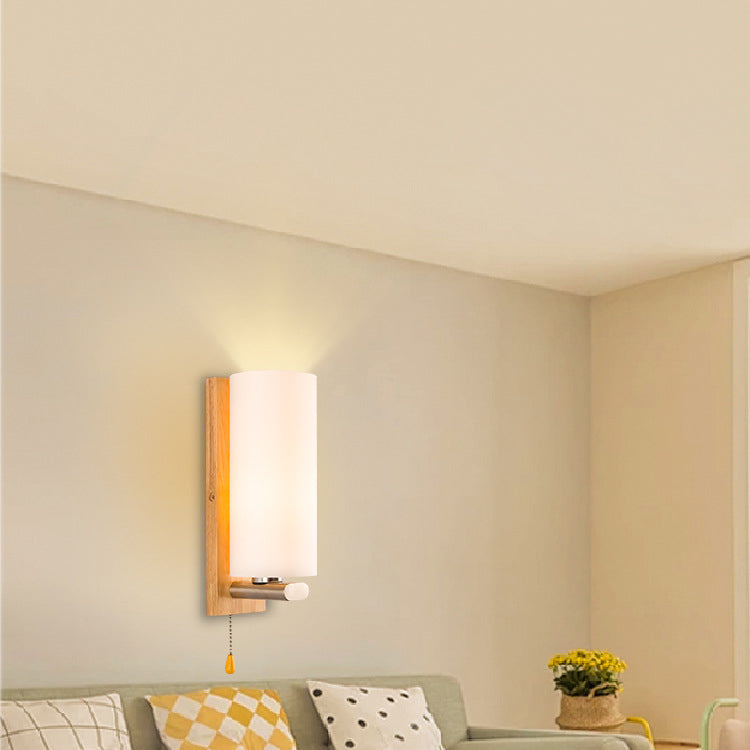 Rectangular Cylinder Wood Glass 1-Light Wall Sconce Lamp