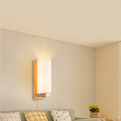 Rectangular Cylinder Wood Glass 1-Light Wall Sconce Lamp