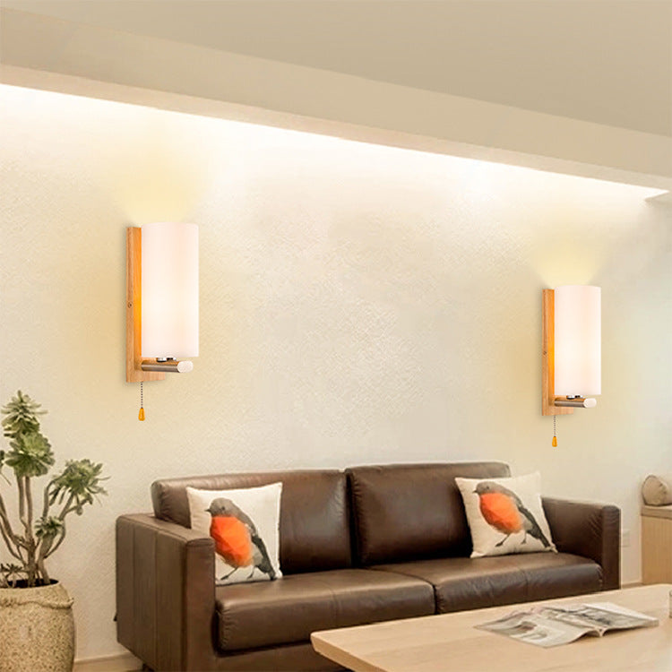 Rectangular Cylinder Wood Glass 1-Light Wall Sconce Lamp