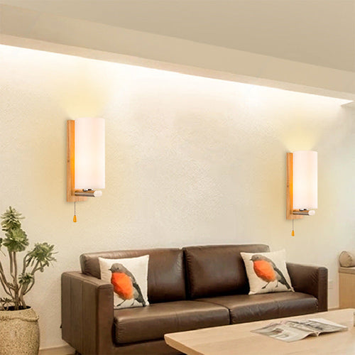 Rectangular Cylinder Wood Glass 1-Light Wall Sconce Lamp