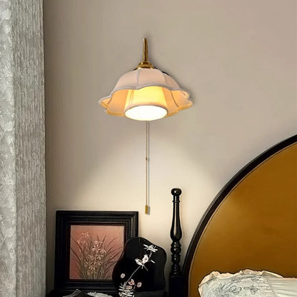 French Round Wood Alloy Fabric 1-Light Wall Sconce Lamp