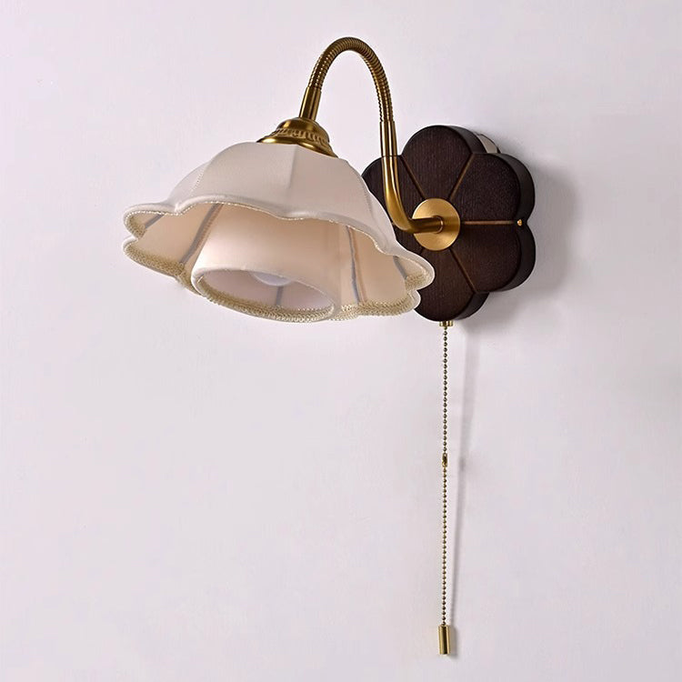 French Round Wood Alloy Fabric 1-Light Wall Sconce Lamp