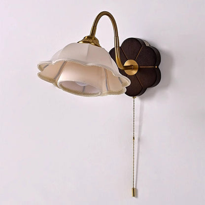 French Round Wood Alloy Fabric 1-Light Wall Sconce Lamp