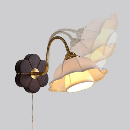 French Round Wood Alloy Fabric 1-Light Wall Sconce Lamp