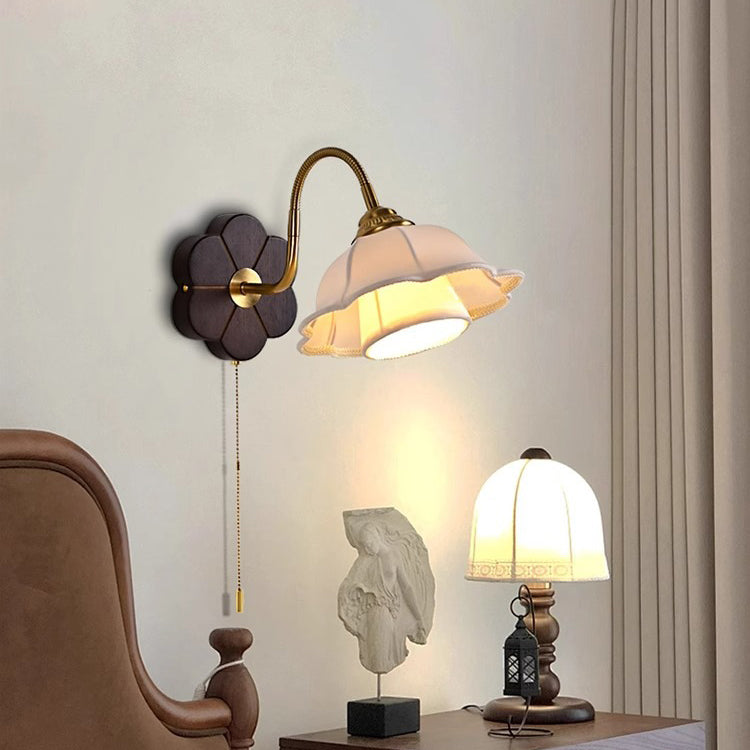 French Round Wood Alloy Fabric 1-Light Wall Sconce Lamp
