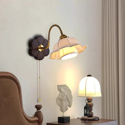French Round Wood Alloy Fabric 1-Light Wall Sconce Lamp