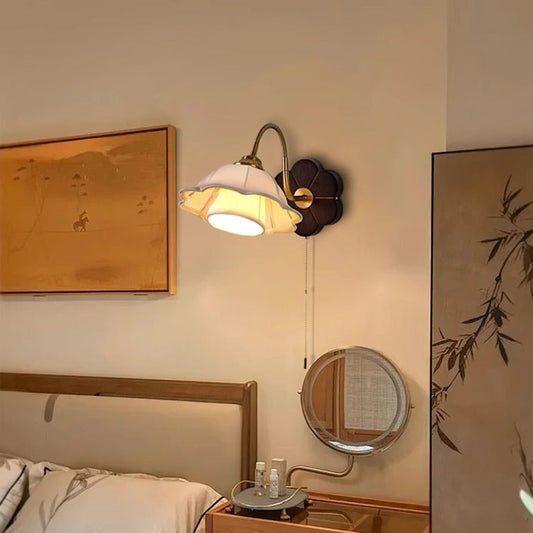 French Round Wood Alloy Fabric 1-Light Wall Sconce Lamp