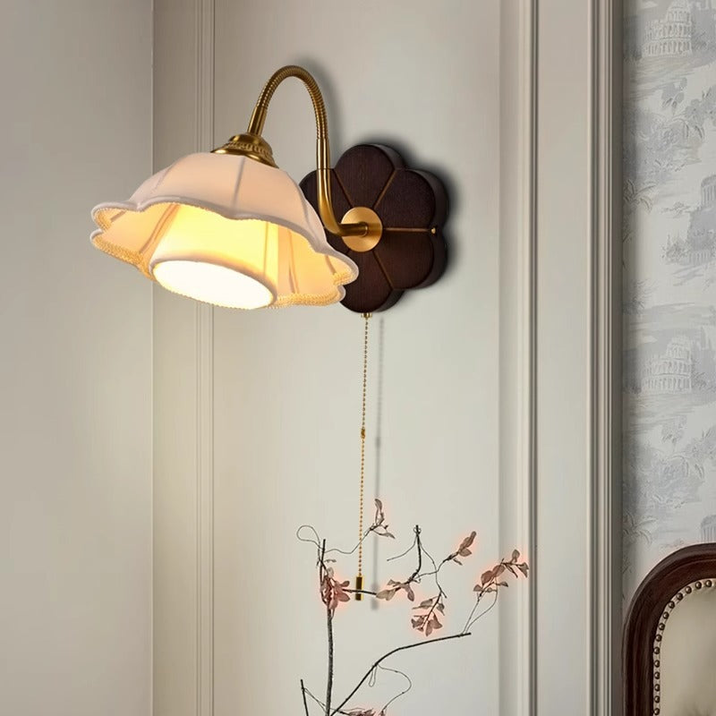 French Round Wood Alloy Fabric 1-Light Wall Sconce Lamp