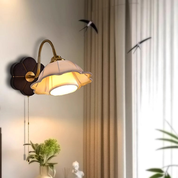 French Round Wood Alloy Fabric 1-Light Wall Sconce Lamp