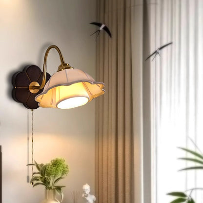 French Round Wood Alloy Fabric 1-Light Wall Sconce Lamp