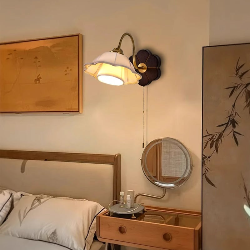 French Round Wood Alloy Fabric 1-Light Wall Sconce Lamp
