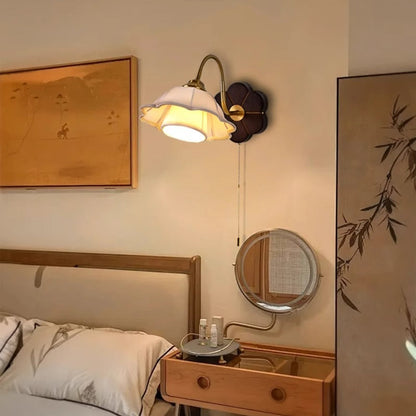 French Round Wood Alloy Fabric 1-Light Wall Sconce Lamp
