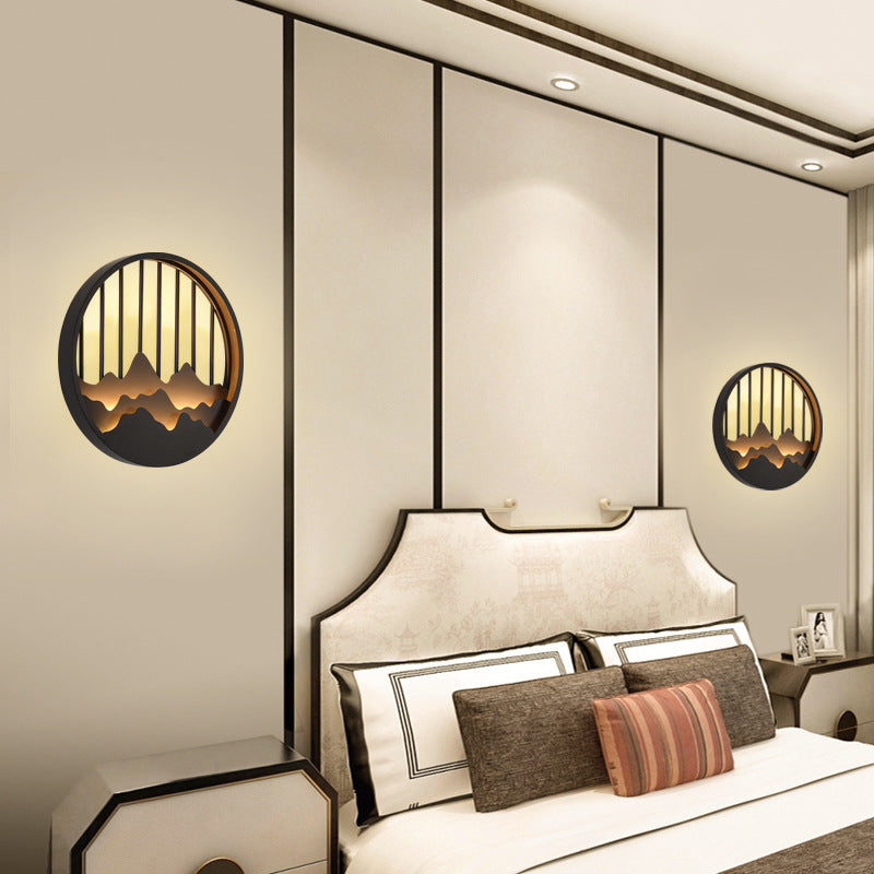 Chinese Mountain Round Iron LED Wall Sconce Lamp