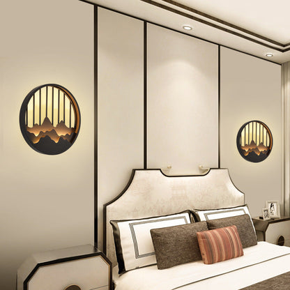 Chinese Mountain Round Iron LED Wall Sconce Lamp