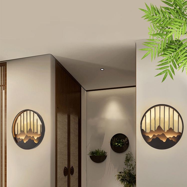 Chinese Mountain Round Iron LED Wall Sconce Lamp