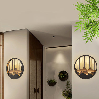 Chinese Mountain Round Iron LED Wall Sconce Lamp