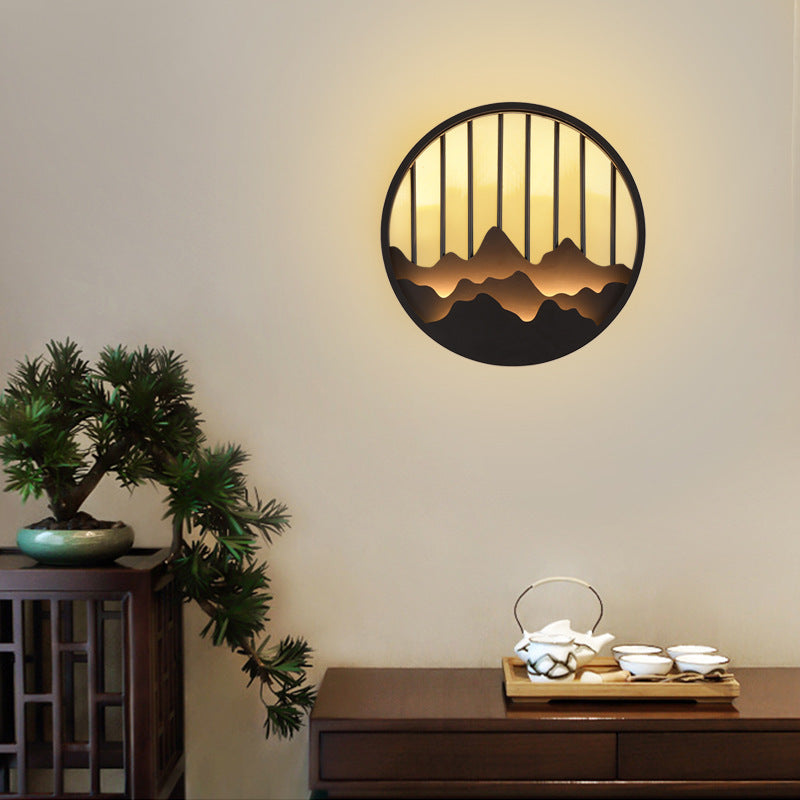 Chinese Mountain Round Iron LED Wall Sconce Lamp