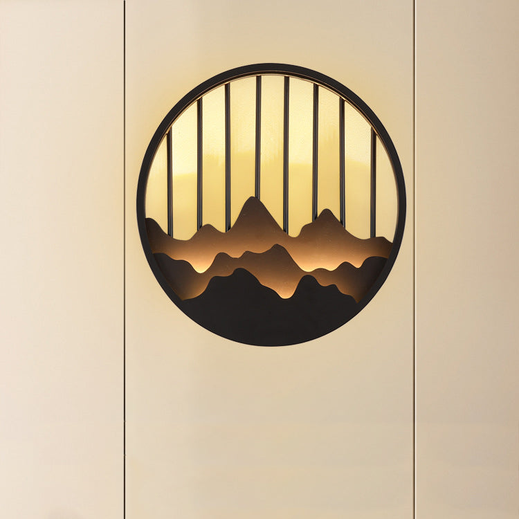 Chinese Mountain Round Iron LED Wall Sconce Lamp