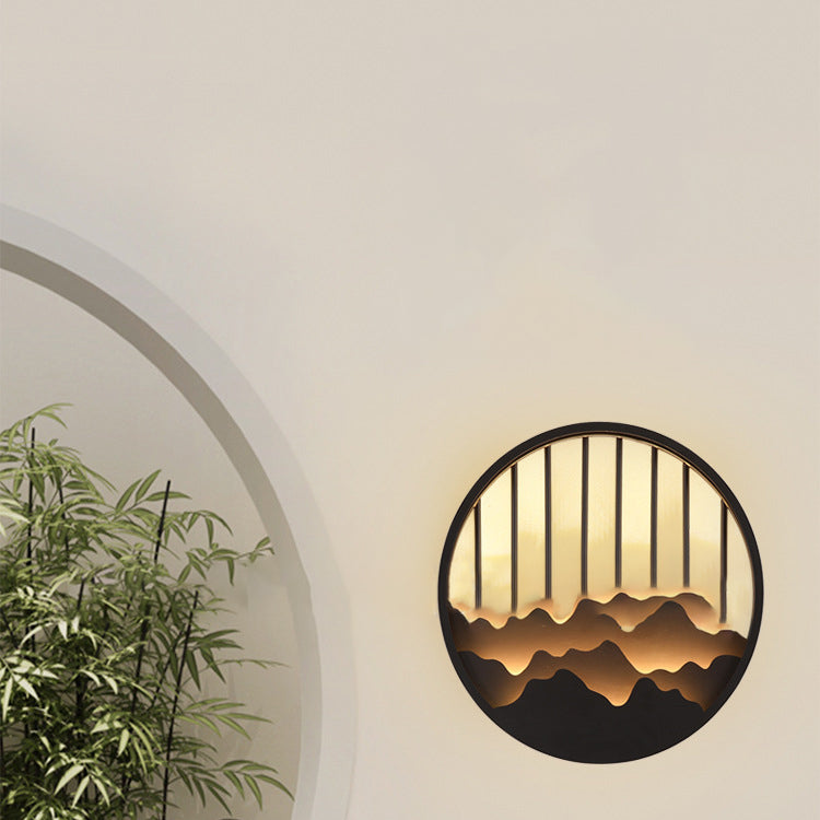 Chinese Mountain Round Iron LED Wall Sconce Lamp