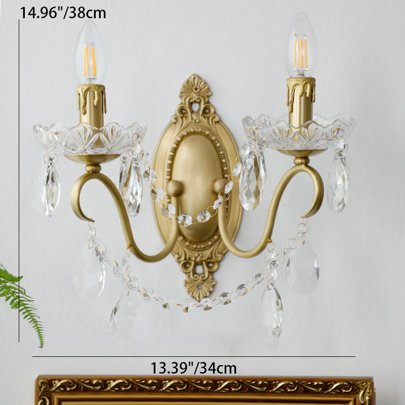 French Candle Shape Copper Crystal 2-Light Wall Sconce Lamp