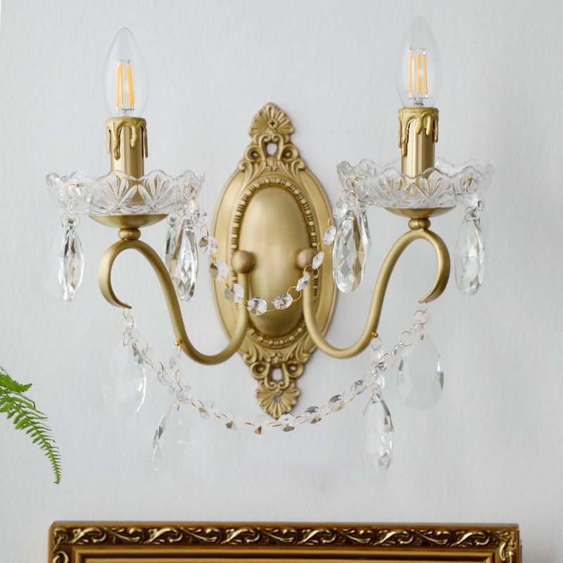 French Candle Shape Copper Crystal 2-Light Wall Sconce Lamp