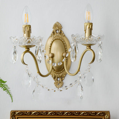 French Candle Shape Copper Crystal 2-Light Wall Sconce Lamp