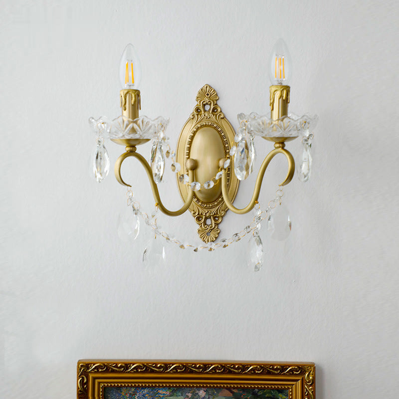 French Candle Shape Copper Crystal 2-Light Wall Sconce Lamp