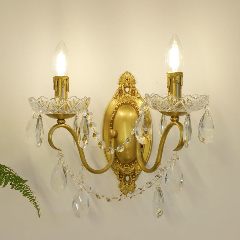 French Candle Shape Copper Crystal 2-Light Wall Sconce Lamp