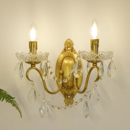 French Candle Shape Copper Crystal 2-Light Wall Sconce Lamp