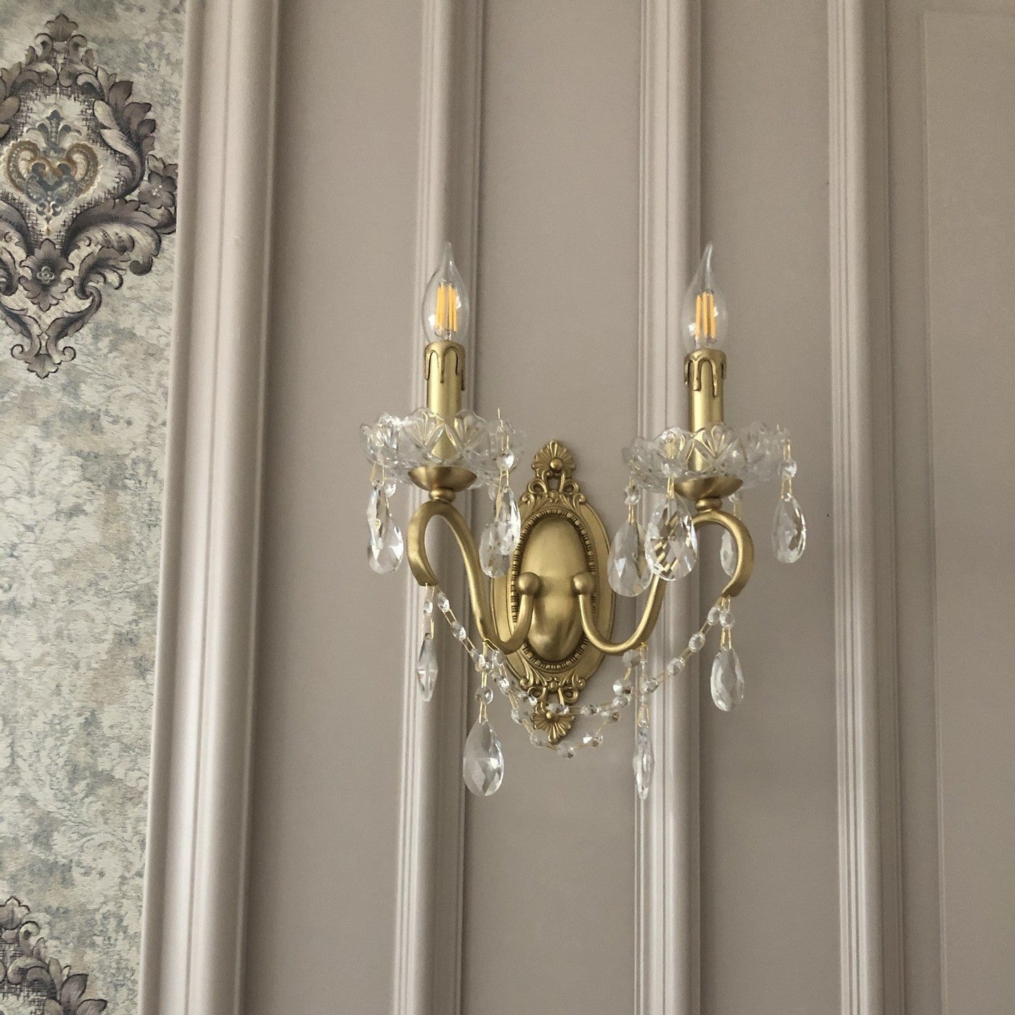 French Candle Shape Copper Crystal 2-Light Wall Sconce Lamp