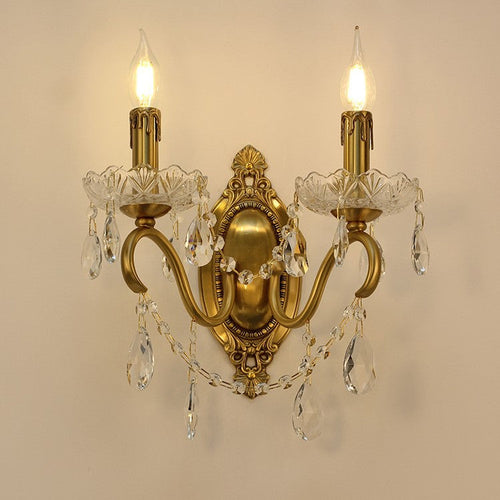 French Candle Shape Copper Crystal 2-Light Wall Sconce Lamp