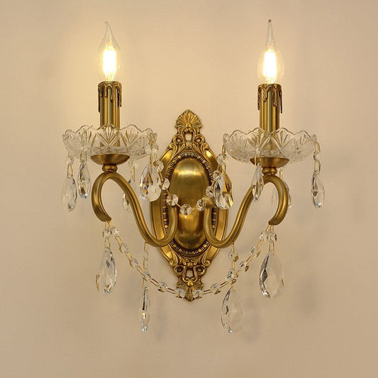 French Candle Shape Copper Crystal 2-Light Wall Sconce Lamp