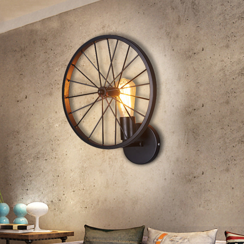 Industrial Wheel Round Iron 1-Light Wall Sconce Lamp