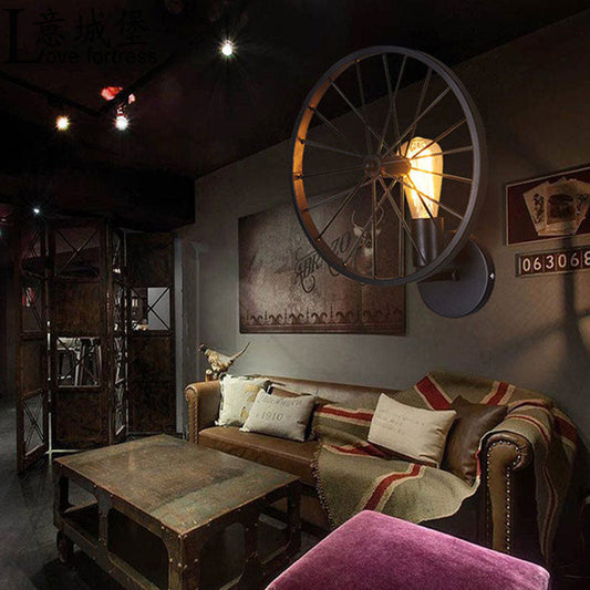 Industrial Wheel Round Iron 1-Light Wall Sconce Lamp