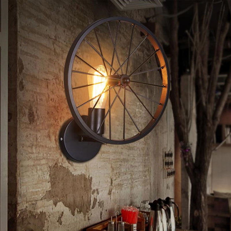 Industrial Wheel Round Iron 1-Light Wall Sconce Lamp