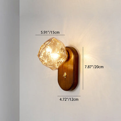 Japanese Ice Cube Oval Wood Glass 1-Light Wall Sconce Lamp
