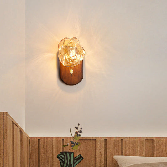 Japanese Ice Cube Oval Wood Glass 1-Light Wall Sconce Lamp