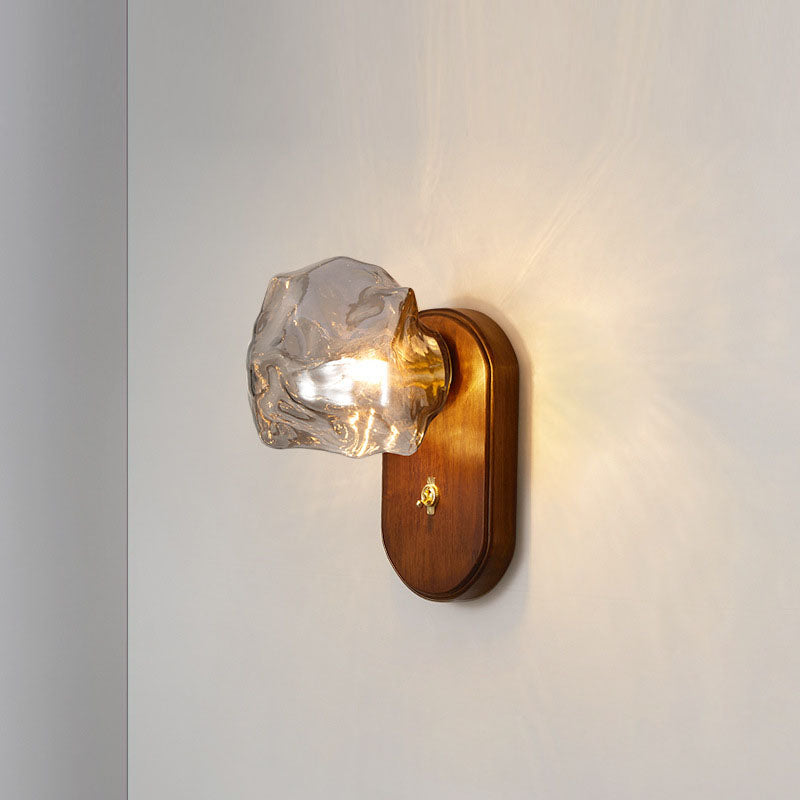 Japanese Ice Cube Oval Wood Glass 1-Light Wall Sconce Lamp