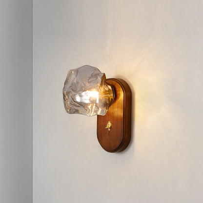 Japanese Ice Cube Oval Wood Glass 1-Light Wall Sconce Lamp