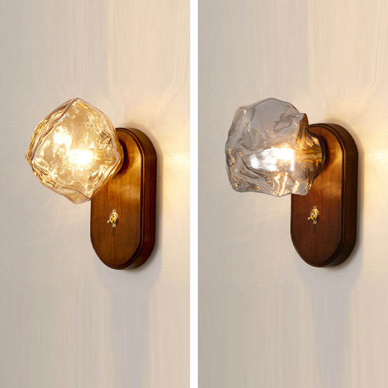 Japanese Ice Cube Oval Wood Glass 1-Light Wall Sconce Lamp