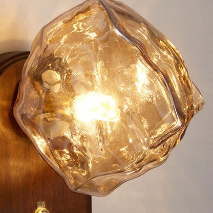 Japanese Ice Cube Oval Wood Glass 1-Light Wall Sconce Lamp
