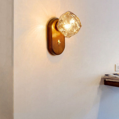 Japanese Ice Cube Oval Wood Glass 1-Light Wall Sconce Lamp